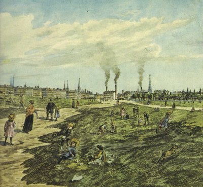 De Schmelz als militair oefenterrein en plaats voor spel en wandeling. Uitzicht naar het oosten (sectie) door Robert Schediwy after painting by M.Neubauer